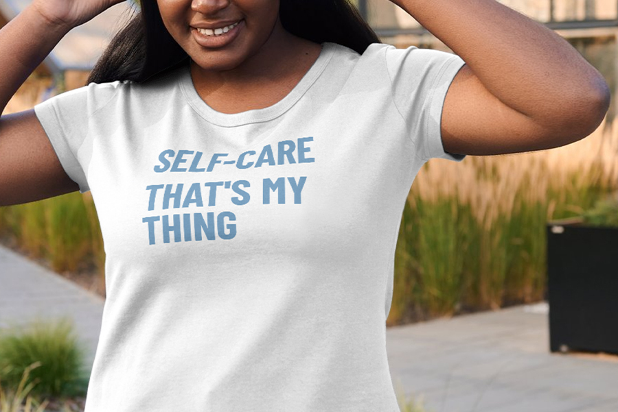Young woman wearing self-care shirt